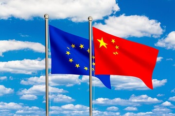 China and EU flag waving on a cloudy sky.