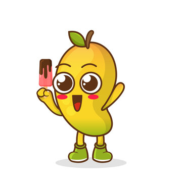 Cute smiling cartoon style mango fruit character holding in hand ice cream, popsicle.