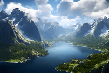Naklejka na ściany i meble landscape with lake and mountains