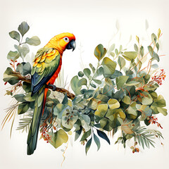A parrot sitting on a branch, watercolor created with IA generative technology 