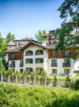 LEAVENWORTH, WA, USA, JUNE 25, 2023: View of Posthotel from Enchantment Park.