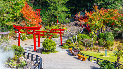 Beppu, Japan - Nov 25 2022: Umi Jigoku hot spring in Beppu, Oita. The town is famous for its onsen...