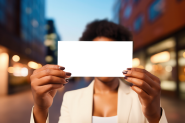 Businesswoman holding card with transparent PNG background, space for writing. Generative AI