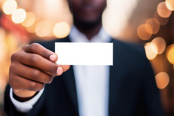 Businessman holding business card with transparent PNG background, space for writing. Generative AI
