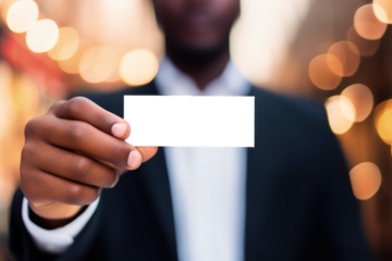 Businessman holding business card with transparent PNG background, space for writing. Generative AI