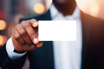 Businessman holding business card with transparent PNG background, space for writing. Generative AI