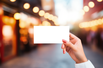 Businesswoman holding card with transparent PNG background, space for writing. Generative AI