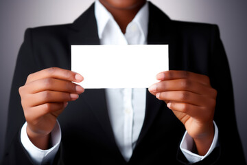 Businesswoman holding card with transparent PNG background, space for writing. Generative AI