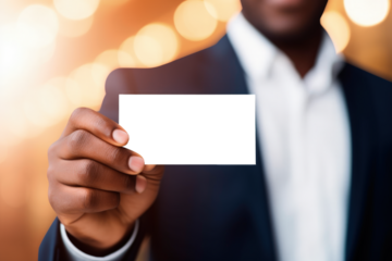 Businessman holding business card with transparent PNG background, space for writing. Generative AI