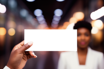 Businesswoman holding card with transparent PNG background, space for writing. Generative AI