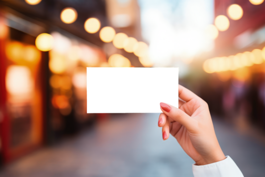 Businesswoman holding card with transparent PNG background, space for writing. Generative AI