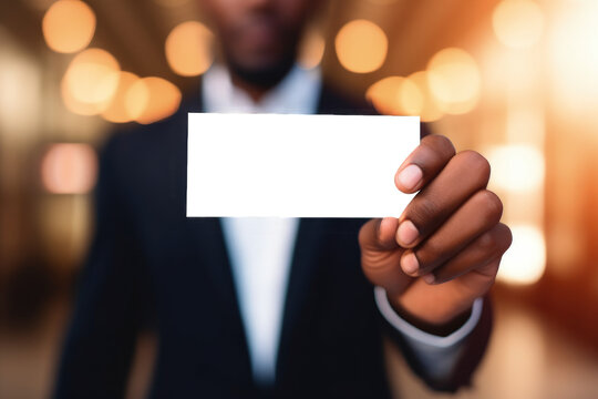 Businessman holding business card with transparent PNG background, space for writing. Generative AI