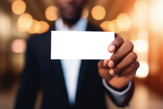 Businessman holding business card with transparent PNG background, space for writing. Generative AI