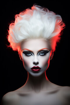Seductive goth style female with white hair, red lips, bare shoulders and chest. Neon red lighting adds the perfect ambience. (AR 2:3)
