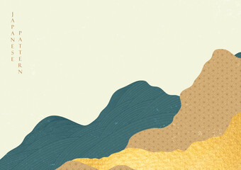 Japanese background with hand drawn wave pattern vector. Abstract template with mountain in oriental style with gold texture.