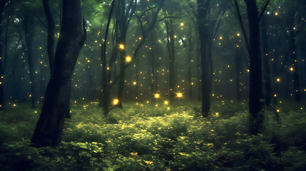 Fototapeta premium fire fly in deep forest in autumn at the night, create using generative AI tools