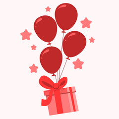 love gift box with helium balloons in flat style, vector illustration.