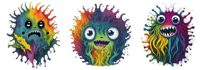 Funny Monster Characters with Watercolor Splash on Transparent Or White Background. Colorful Funny Devil, Ugly Alien and  Creature Set