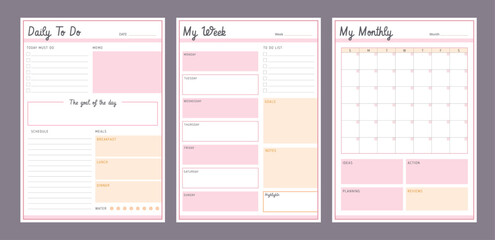 3 set of Daily weekly Monthly Planner. (Pink) Make your day more easily and happy. Vector Print template.
 - Powered by Adobe