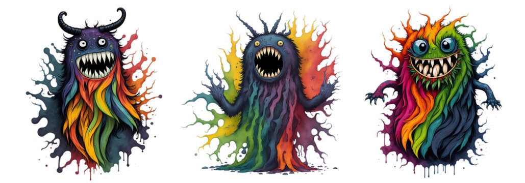 Funny Monster Characters with Watercolor Splash on Transparent Or White Background. Colorful Funny Devil, Ugly Alien and  Creature Set