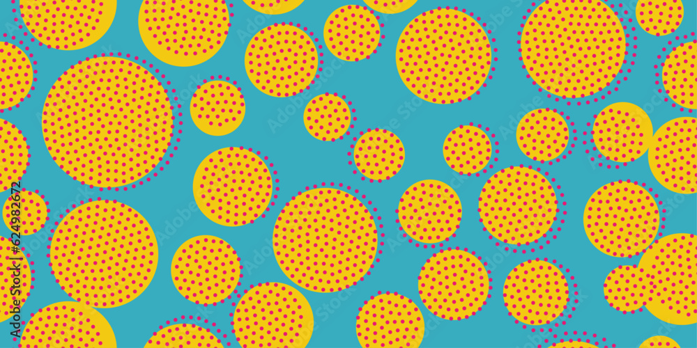 Poster Yellow circles and many small dots. Vector pattern with blue background. Seamless and simple pattern with  circles. For prins and seamless wallpapers.