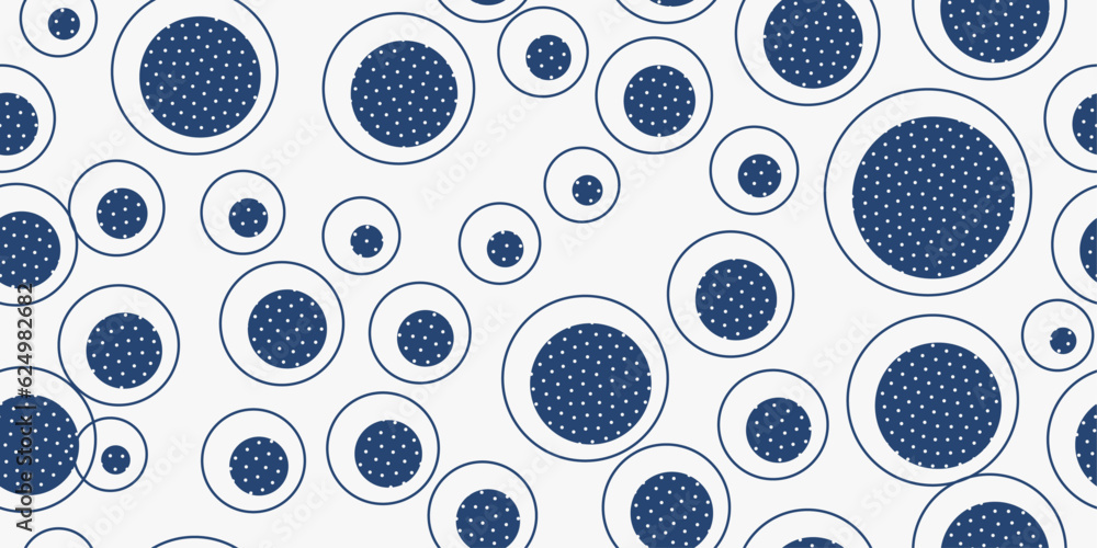 Aufkleber Blue circles and many small dots. Vector pattern with white background. Seamless and simple pattern with blue circles.