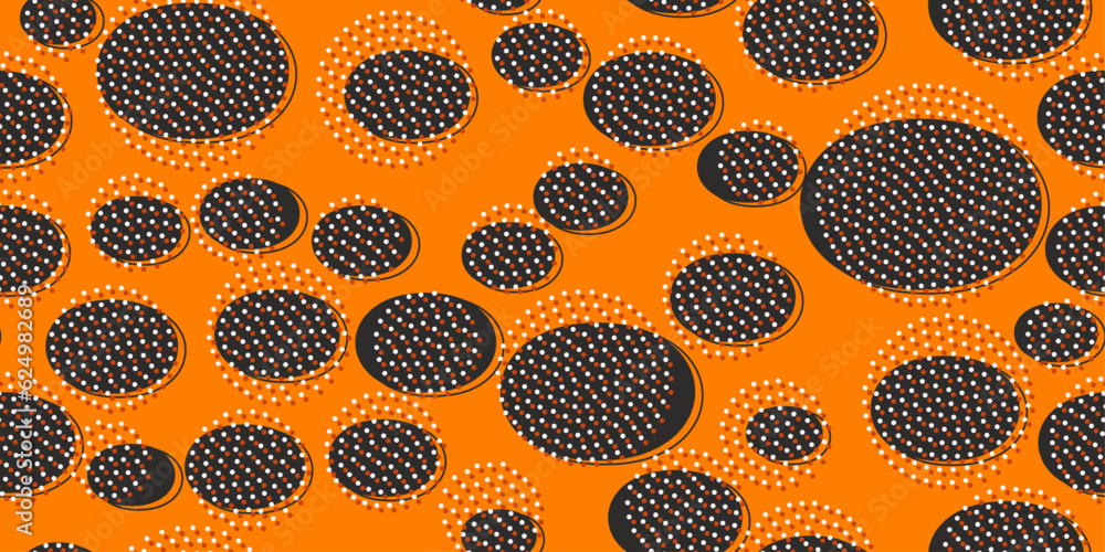 Poster Black ovals and many small dots. Vector pattern with orange background. Seamless and simple pattern with black circles.