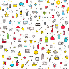 Many cute, fun, colorful everyday objects pattern background. Lifestyle themed simple doodle seamless vector illustration