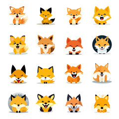 Set of funny, cute baby fox icons. Adorable animal cartoon emoji collection: happy, sleepy, laughing, content, sad, hungry, surprised, evil. Simple editable vector