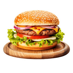 Delicious beef burger on board with, transparent background
