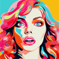 Beautiful colorful portrait of a pretty scared woman. Vibrant pink pop art illustration of a lady emotional face in panic