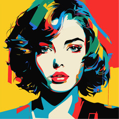 Beautiful colorful portrait of a pretty young woman with short hair. Vibrant red and yellow pop art illustration of a romantic, sad lady close-up face.