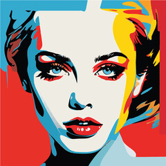 Beautiful colorful portrait of a pretty young woman with tense stare. Vibrant orange, red and blue pop art illustration of a focused, thoughtful lady close-up face