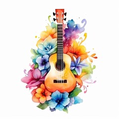 guitar with flowers watercolor  isolated on white background