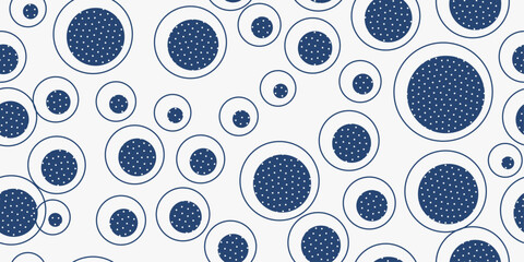 Blue circles and many small dots. Vector pattern with white background. Seamless and simple pattern with blue circles.