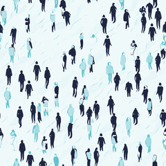 Many little figures of people walking and standing outside alone. Simple graphic illustration of a crowd in winter, seamless editable pattern