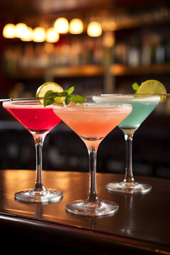 Closeup image of daiquiri cocktail decorated with lemon at bar counter background. alcoholic beverages or drink
