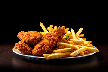 Fast food fried crispy chicken and french fries potatoes with ketchup sauce isolated on dark background