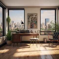 mid-century modern office in the city with large window 3