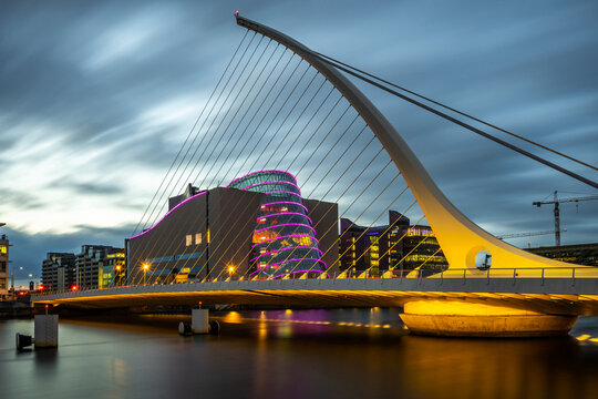 Dublin, Ireland - Jun 11, 2018: Samuel Beckett Bridge at dusk