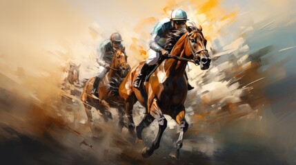 Fototapeta premium Horse racing. A stallion gallops with a rider on horseback.