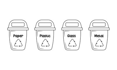 Trash cans with sorted garbage. Containers for paper, plastic, glass and metal in doodle style. Zero waste. Waste recycling.
