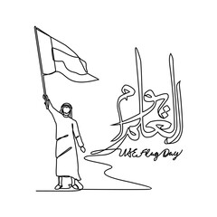 One continuous line drawing of UAE Flag Days with white background. Patriotic design in simple linear style. UAE flag day design concept vector illustration. Translation : Happy UAE flag day