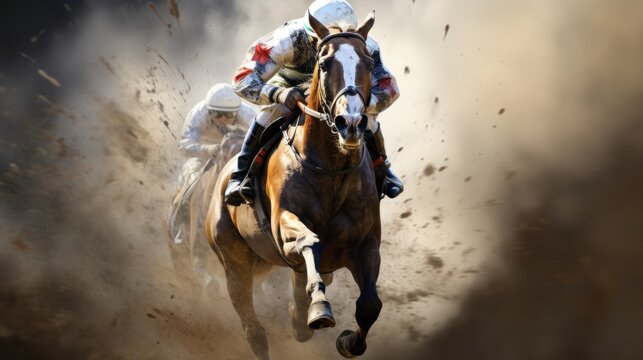 Horse racing. A stallion gallops with a rider on horseback.