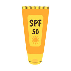 Sunscreen cream in tube. SPF 50. Cartoon flat illustration isolated on white background.