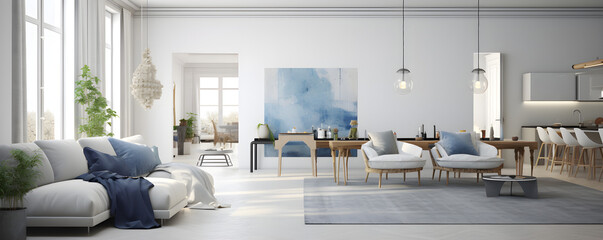 interior design of modern scandinavian apartment, living room and dining room, panorama 3d rendering