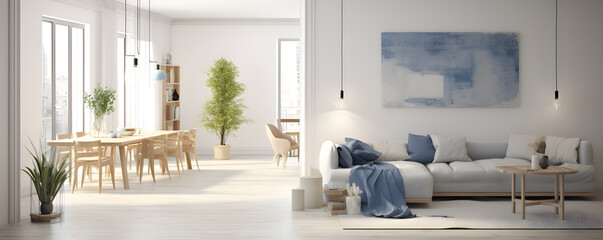 interior design of modern scandinavian apartment, living room and dining room, panorama 3d rendering