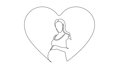 One continuous line drawing of pregnant woman with belly in heart. Healthy pregnancy and birth baby symbol in simple linear style. Editable stroke. Doodle outline vector illustration