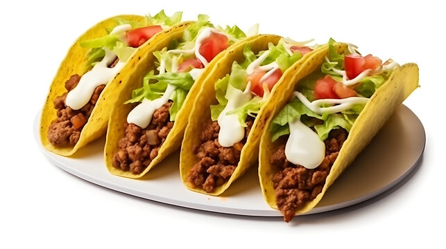 3 summertime tacos stuffed with ground beef, lettuce, cheese, tomatoes, sour cream wrapped in a soft tortilla, isolated on a white background