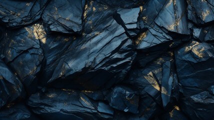 Blue Black rock texture. Dark gray stone granite background for design. Cracked rough mountain surface. Close-up. Crushed broken.